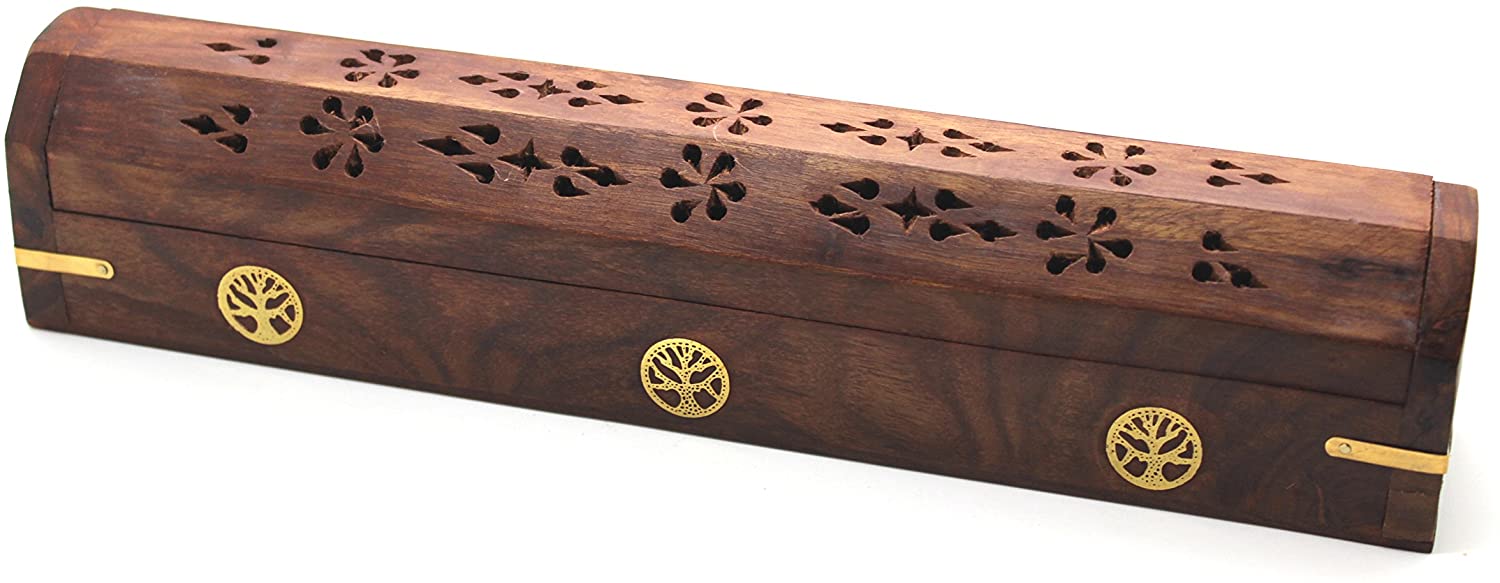 Tree of Life Wooden Coffin Incense Burner Built In Storage