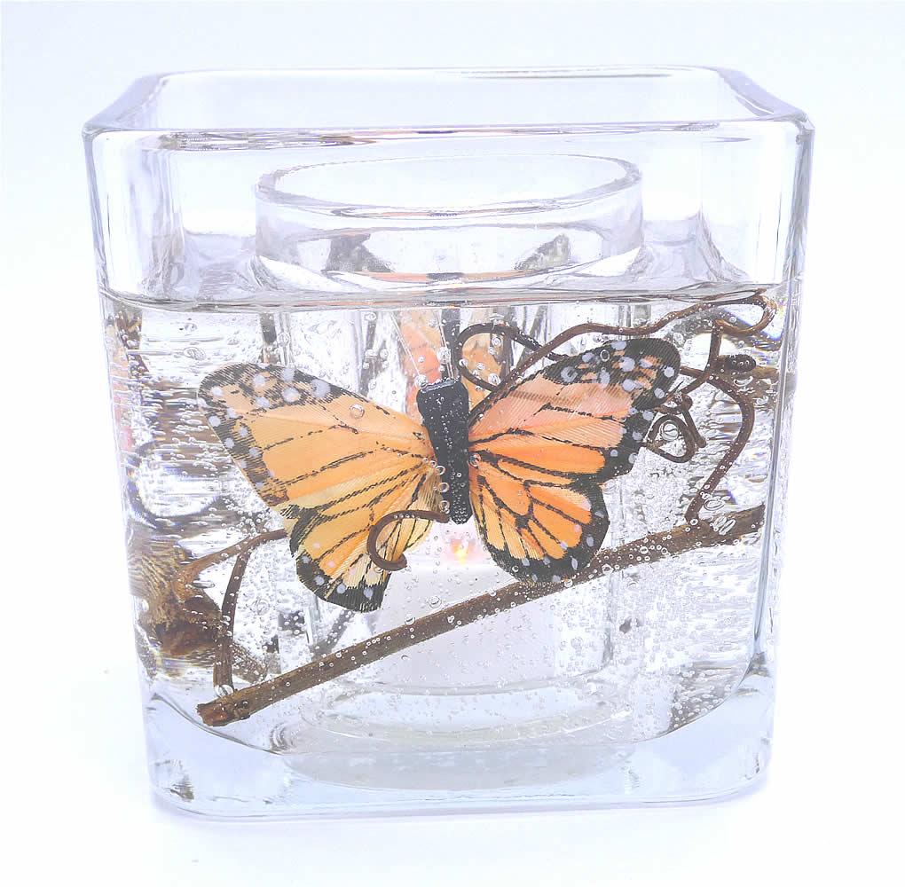 Flameless Light Orange Butterfly Forever Gel Candle Design Cube