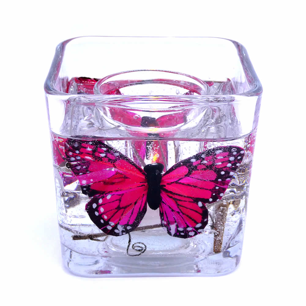 Flameless Red Pink Butterflies Forever Gel Candle Design Cube