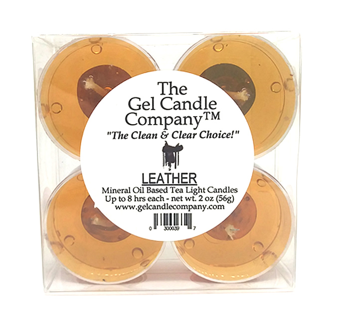 Leather Scented Gel Candle Tea Lights - 4 pk. - Click Image to Close