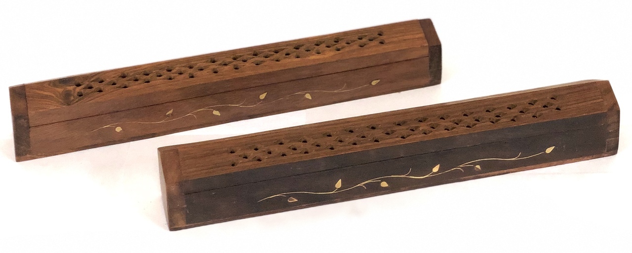 Leaves On Vine Wooden Incense Coffin Burner Built In Storage