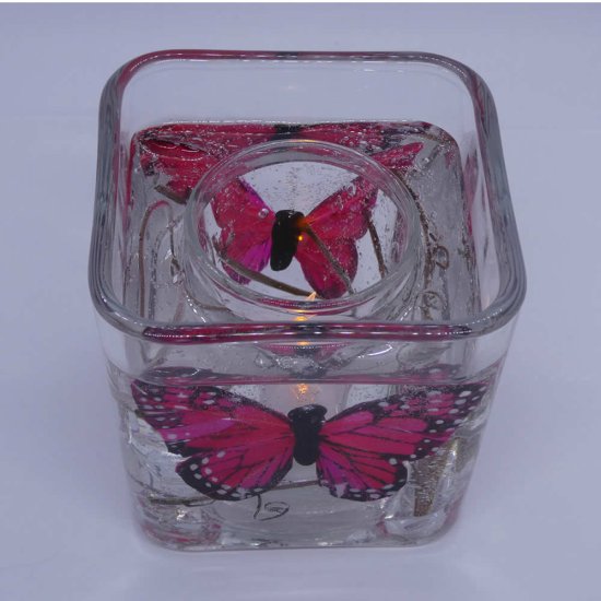 (image for) Flameless Red Pink Butterflies Forever Gel Candle Design Cube