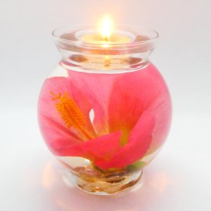 (image for) Mauve Color Hibiscus Gel Candle Design In Flat Top Glass Refillable Forever Gel Candle With 4 Pack