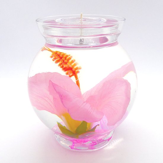 (image for) Pink Color Hibiscus Gel Candle Design In Flat Top Glass Refillable Forever Gel Candle With 4 Pack