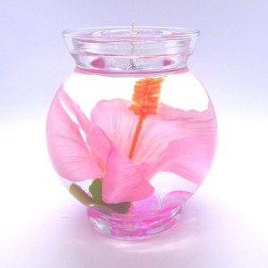(image for) Pink Color Hibiscus Gel Candle Design In Flat Top Glass Refillable Forever Gel Candle With 4 Pack