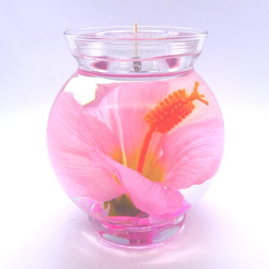 (image for) Pink Color Hibiscus Gel Candle Design In Flat Top Glass Refillable Forever Gel Candle With 4 Pack