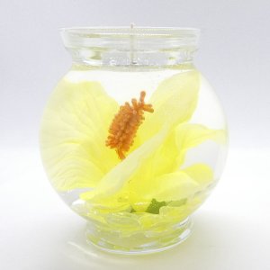 (image for) Yellow Hibiscus Design In Flat Top Glass Refillable Forever Gel Candle