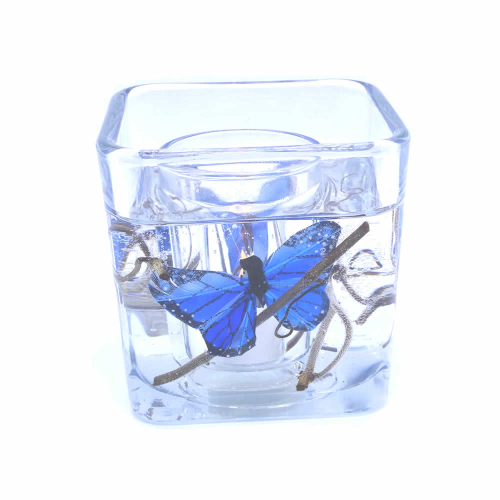 Flameless Blue Feathered Butterflies Forever Gel Candle Design - Click Image to Close