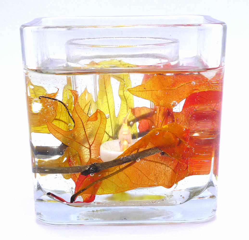 Flameless Fall Leaves Flameless Forever Gel Candle Glass Cube - Click Image to Close