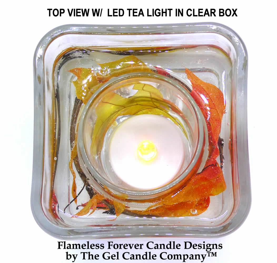 Flameless Fall Leaves Flameless Forever Gel Candle Glass Cube - Click Image to Close
