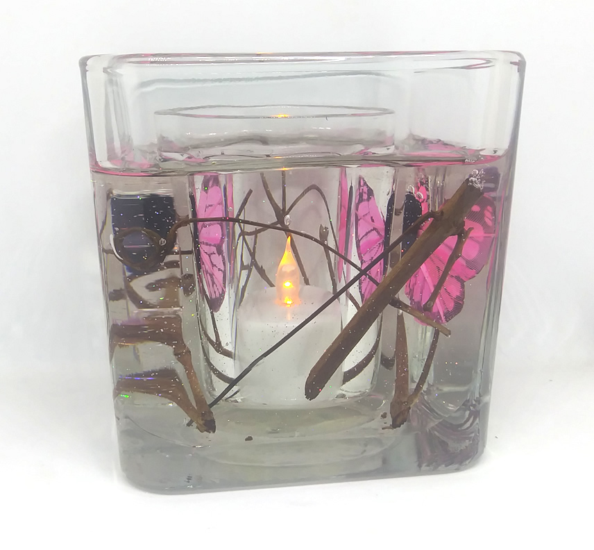 Flameless Pink Butterflies Forever Gel Candle Design Glass Cube