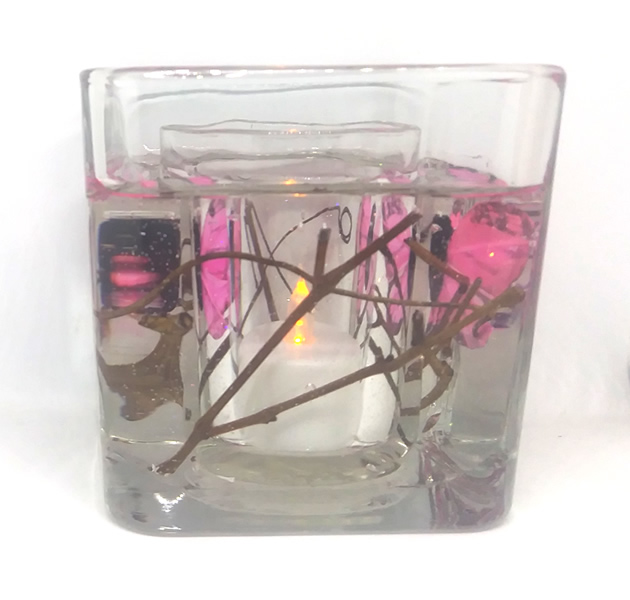 Flameless Pink Butterflies Forever Gel Candle Design Glass Cube - Click Image to Close