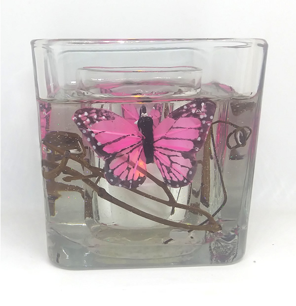 Flameless Pink Butterflies Forever Gel Candle Design Glass Cube