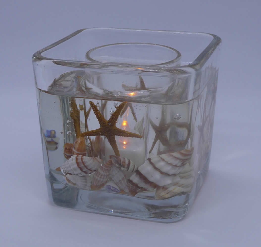Natural Starfishes Seashells Flameless Forever Candle Glass Cube - Click Image to Close