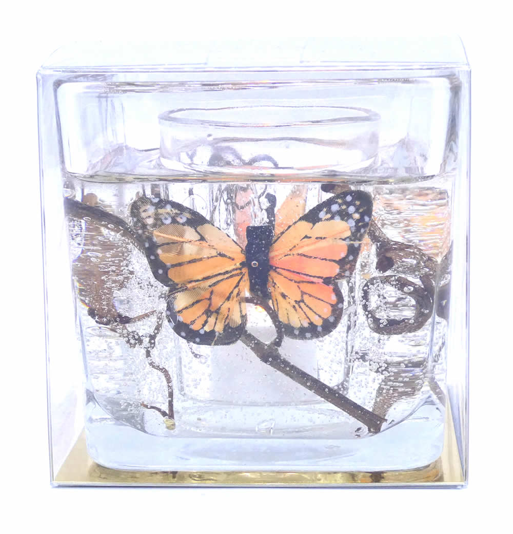 Flameless Light Orange Butterfly Forever Gel Candle Design Cube - Click Image to Close
