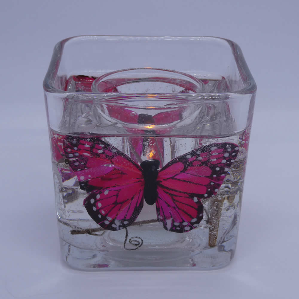 Flameless Red Pink Butterflies Forever Gel Candle Design Cube