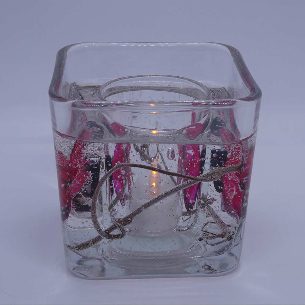 Flameless Red Pink Butterflies Forever Gel Candle Design Cube