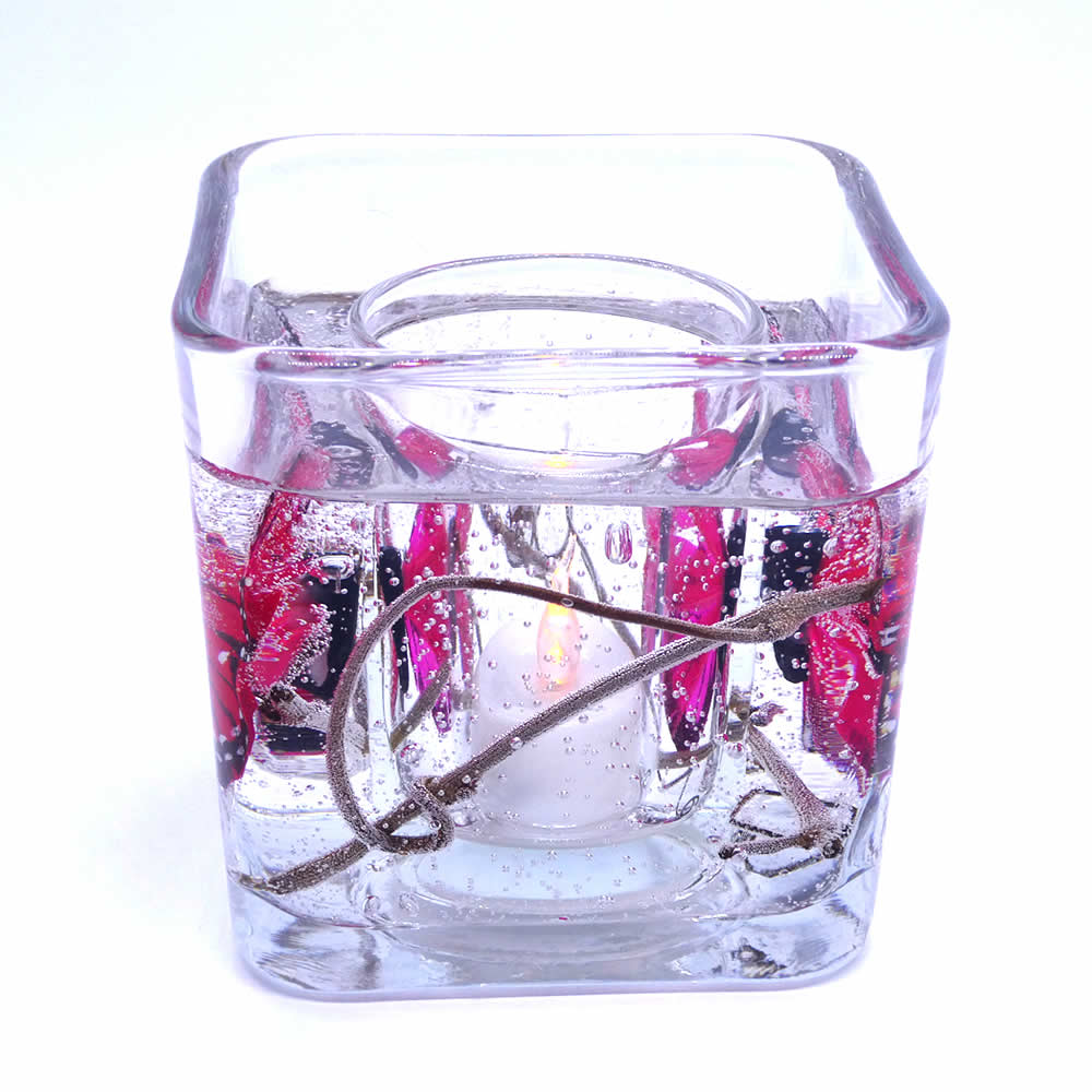 Flameless Red Pink Butterflies Forever Gel Candle Design Cube