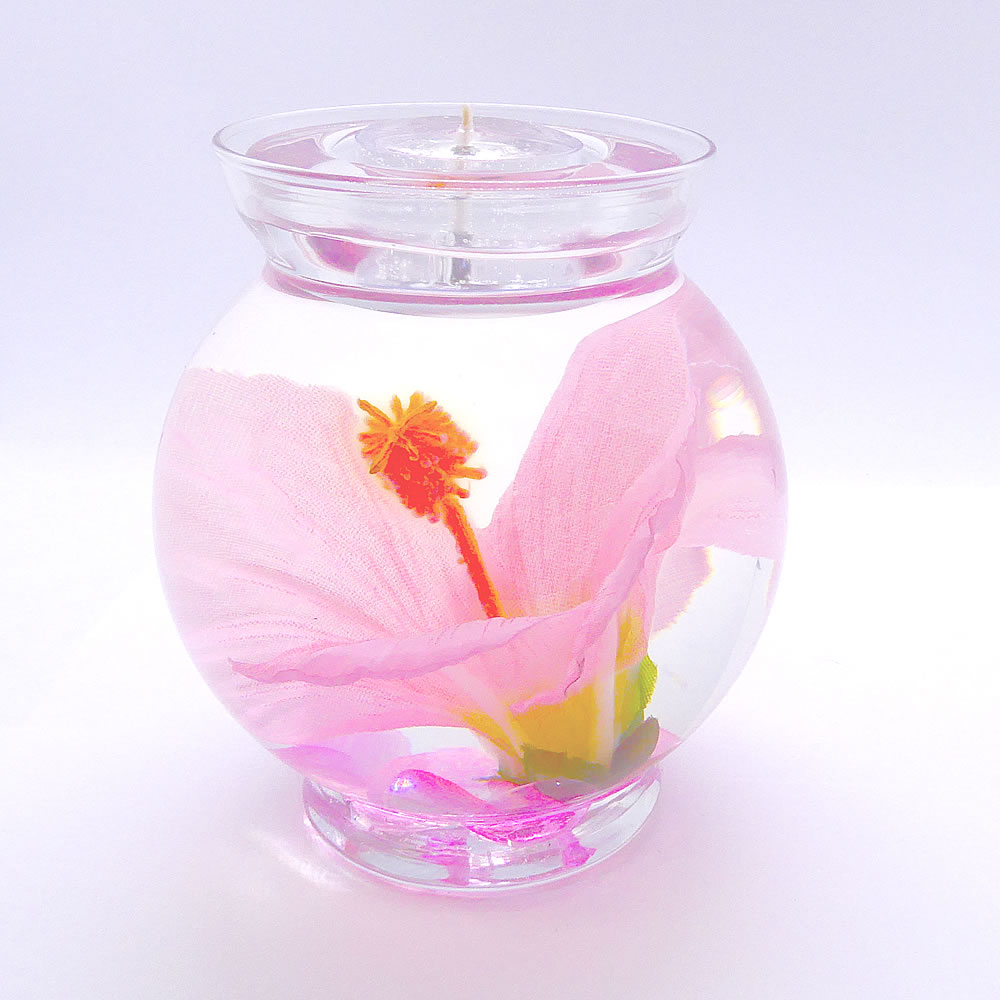 (image for) Pink Color Hibiscus Gel Candle Design In Flat Top Glass Refillable Forever Gel Candle With 4 Pack