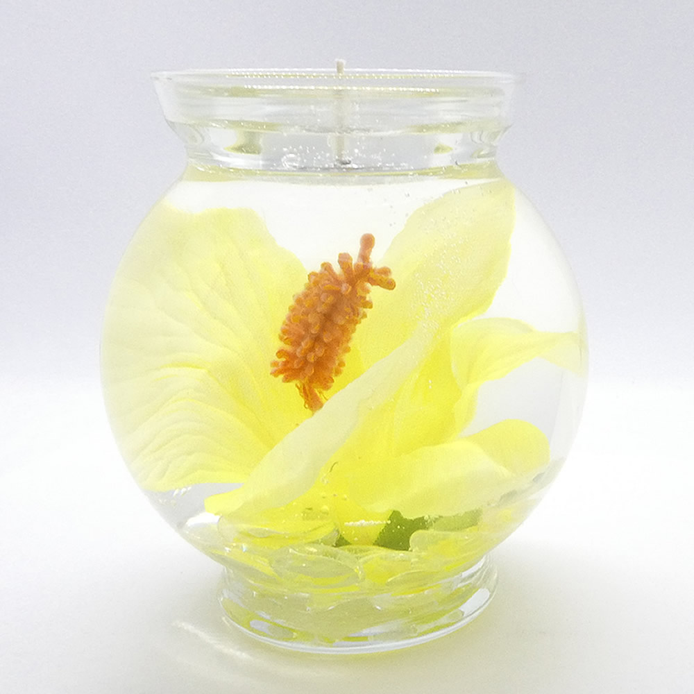 (image for) Yellow Hibiscus Design In Flat Top Glass Refillable Forever Gel Candle