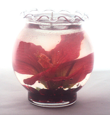 (image for) Red Hibiscus In Wavy Top Trim Glass Gel Candle Design Refillable Forever Candle