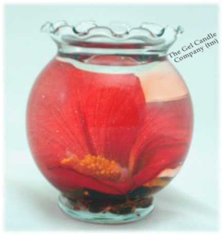 (image for) Red Hibiscus In Wavy Top Trim Glass Gel Candle Design Refillable Forever Candle
